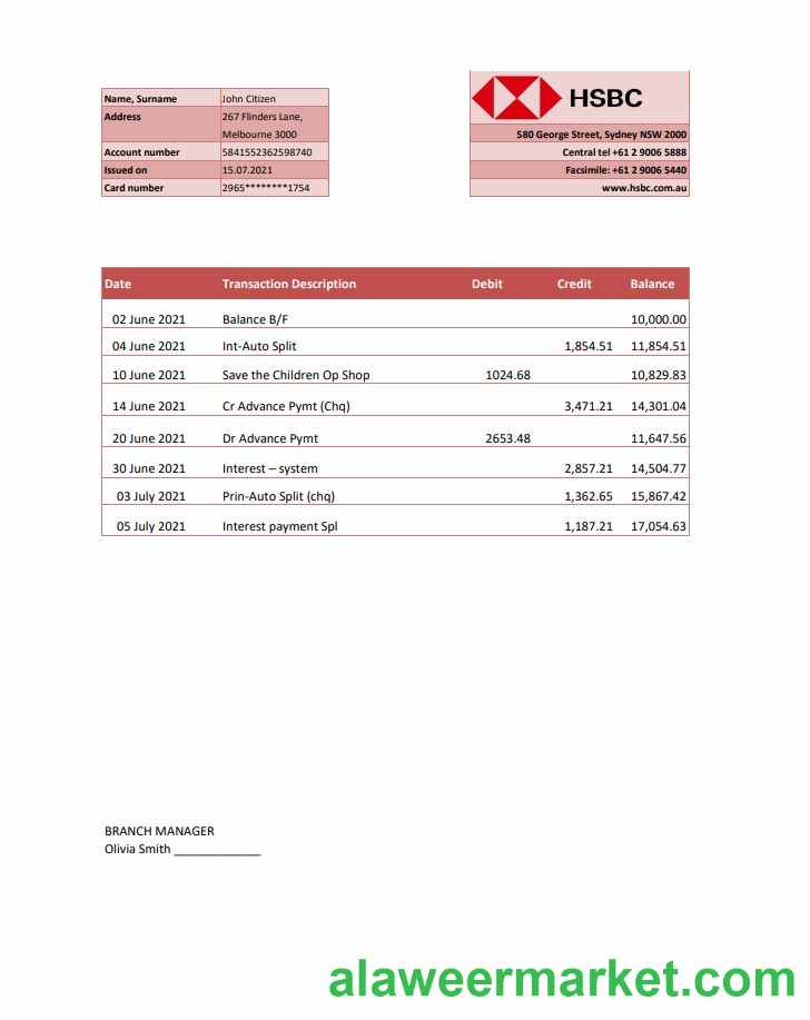 Australia HSBC Bank statement template in Excel and PDF format, fully editable